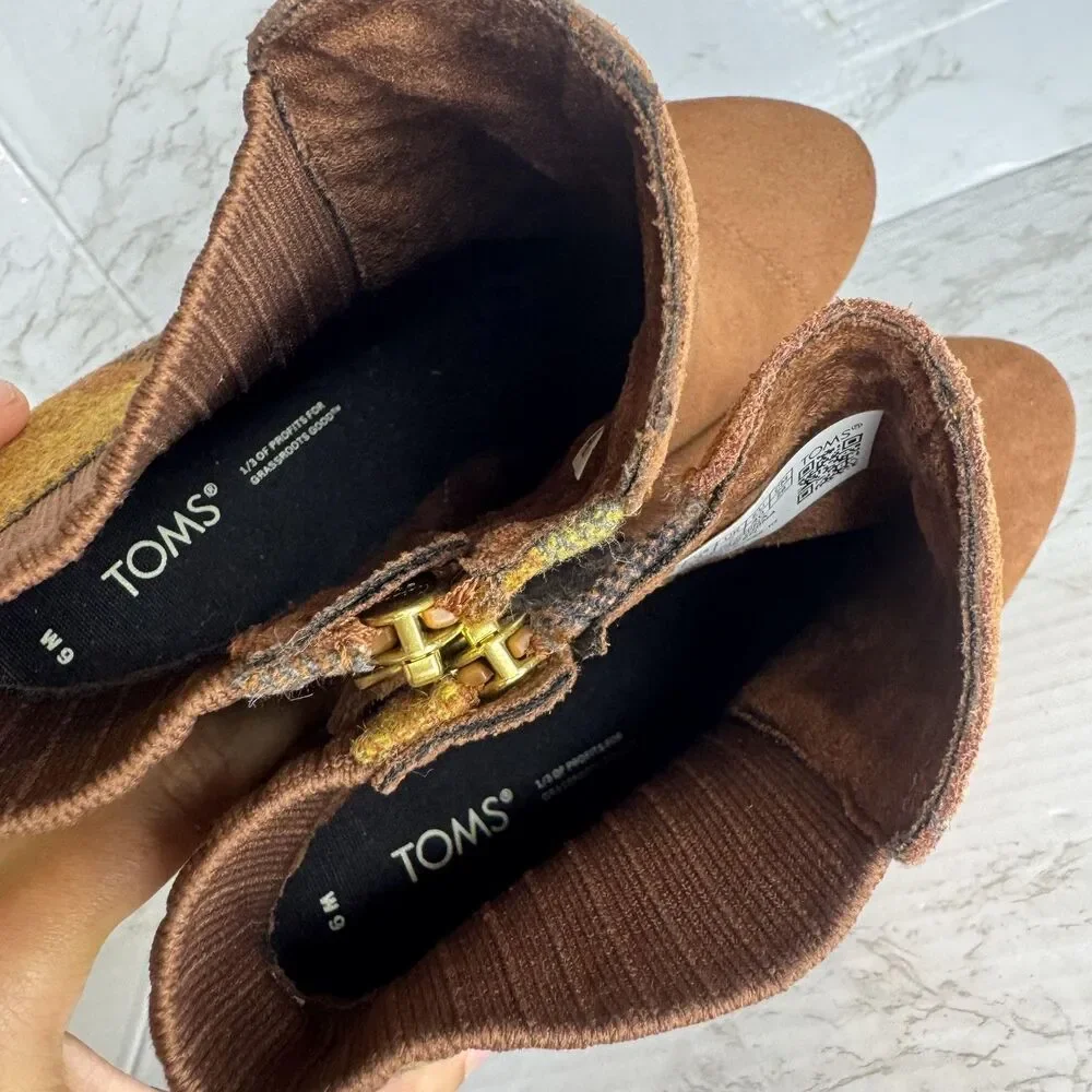 TOMS Boots Womens Size 9 Brown Suede‎ Wedge Ankle Booties Plaid Panel Side Zip
